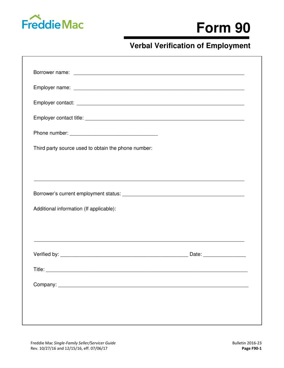 Freddie Mac Form 90 Verbal Verification of Employment, Page 1