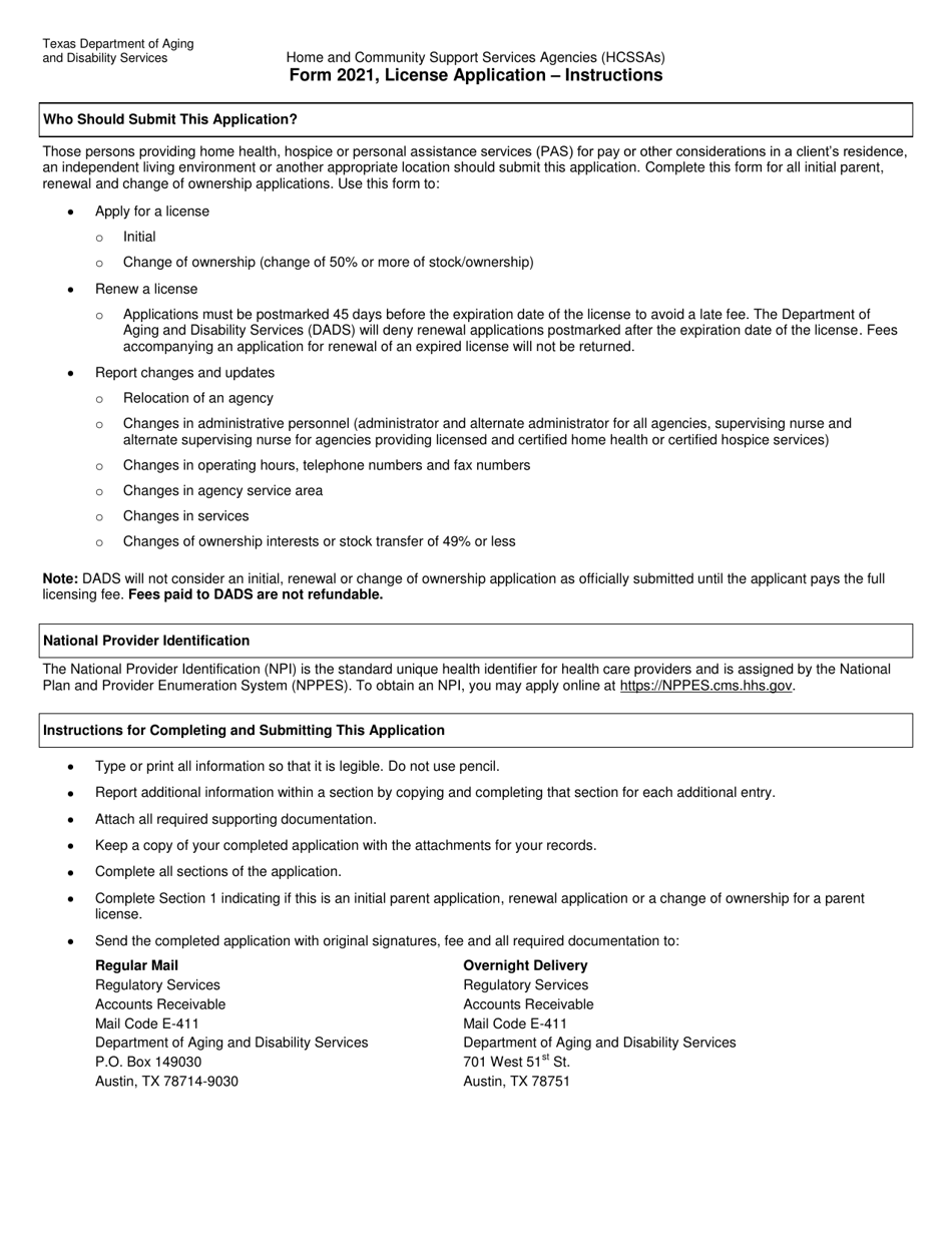 Form 2021 License Application - Texas, Page 1