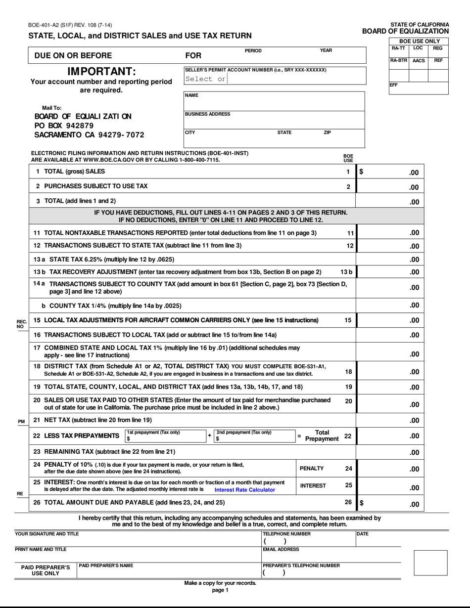 Form BOE-401-A2 (S1F) State, Local, and District Sales and Use Tax Return - California, Page 1