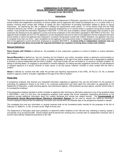 Pennsylvania Sexual Misconduct Abuse Disclosure Release Under Act 168 