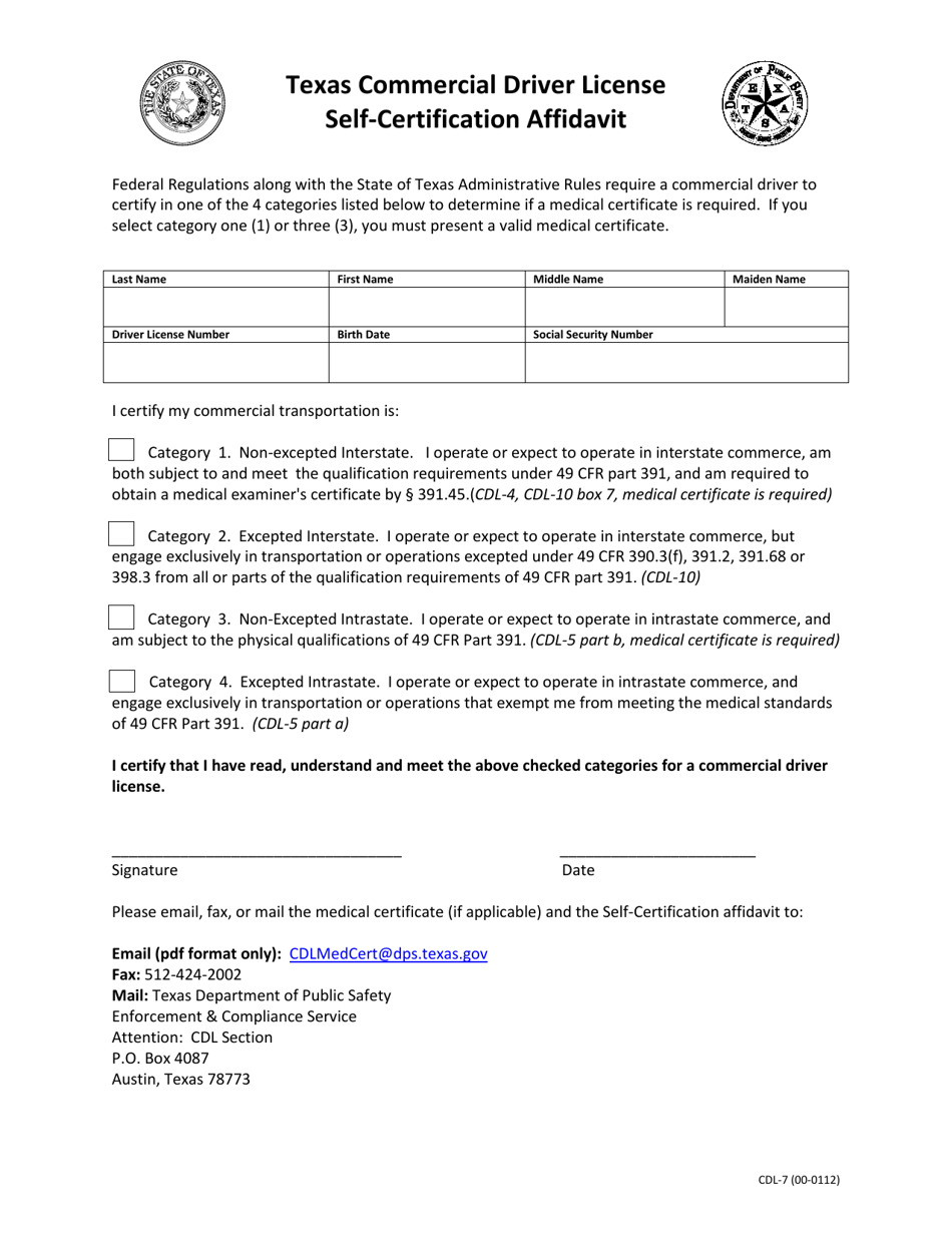 Form CDL-7 Texas Commercial Driver License Self-certification Affidavit - Texas, Page 1