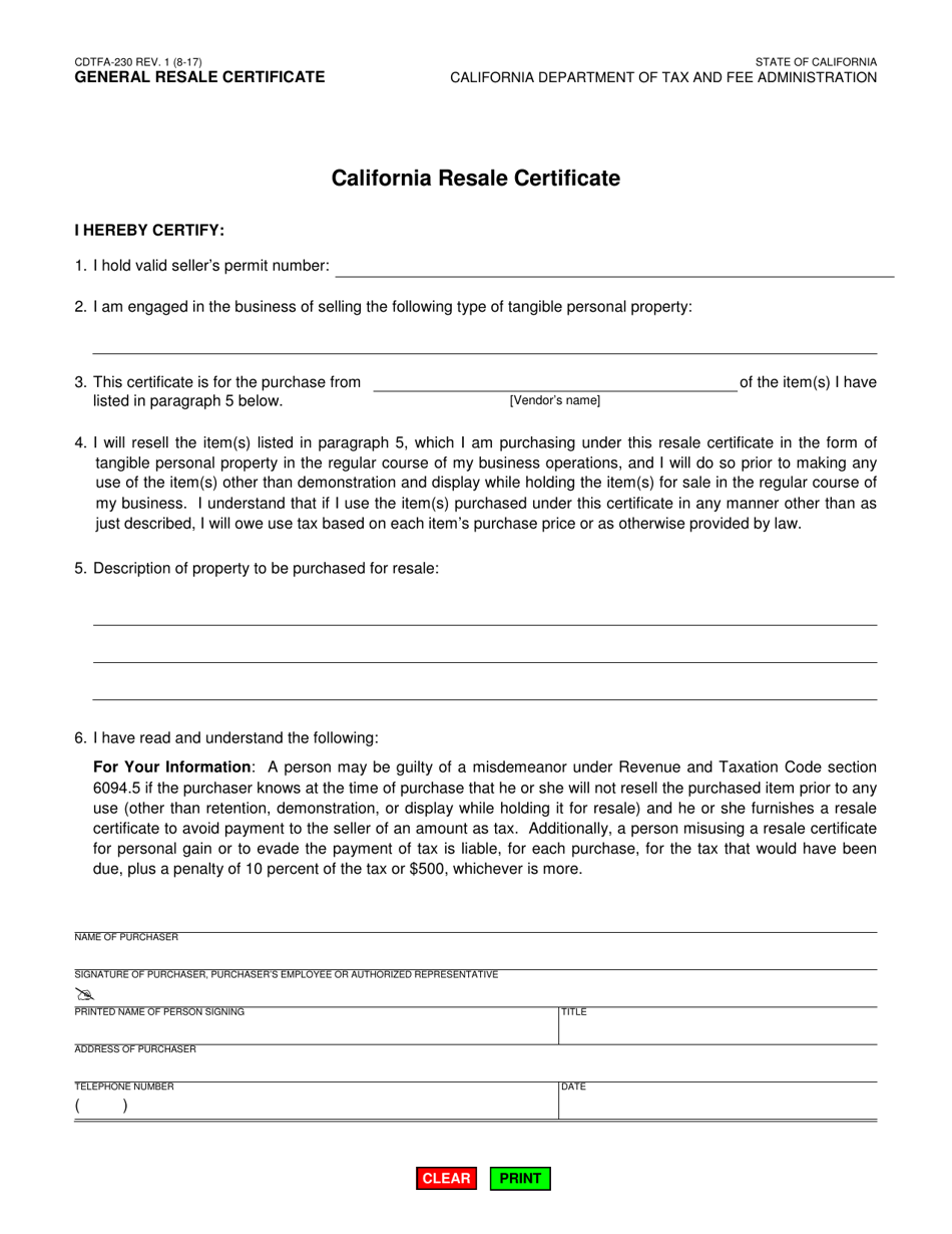 Form CDTFA-230 California Resale Certificate - California, Page 1