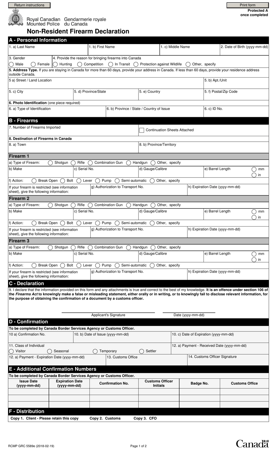 Form RCMP GRC5589E Non-resident Firearm Declaration - Canada, Page 3
