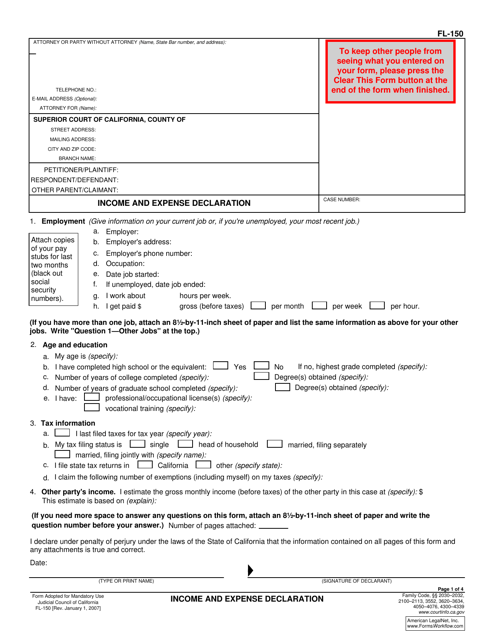 Form FL 150 Download Fillable PDF Or Fill Online Income And Expense 