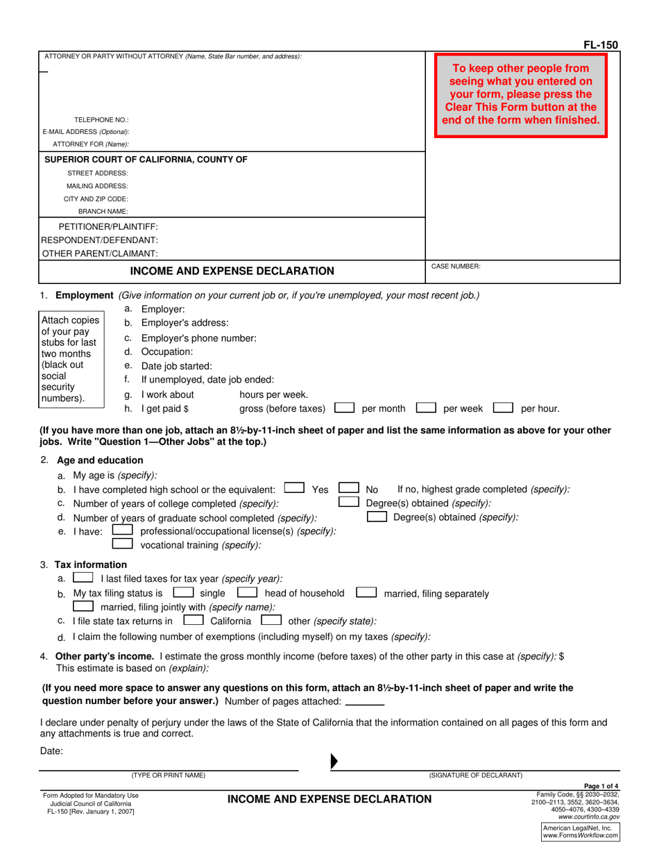 Form FL-150 Income and Expense Declaration - California, Page 1