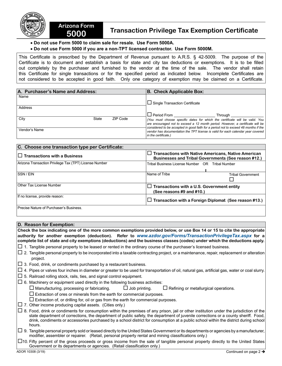 Arizona Form 5000 (ADOR10308) Transaction Privilege Tax Exemption Certificate - Arizona, Page 1