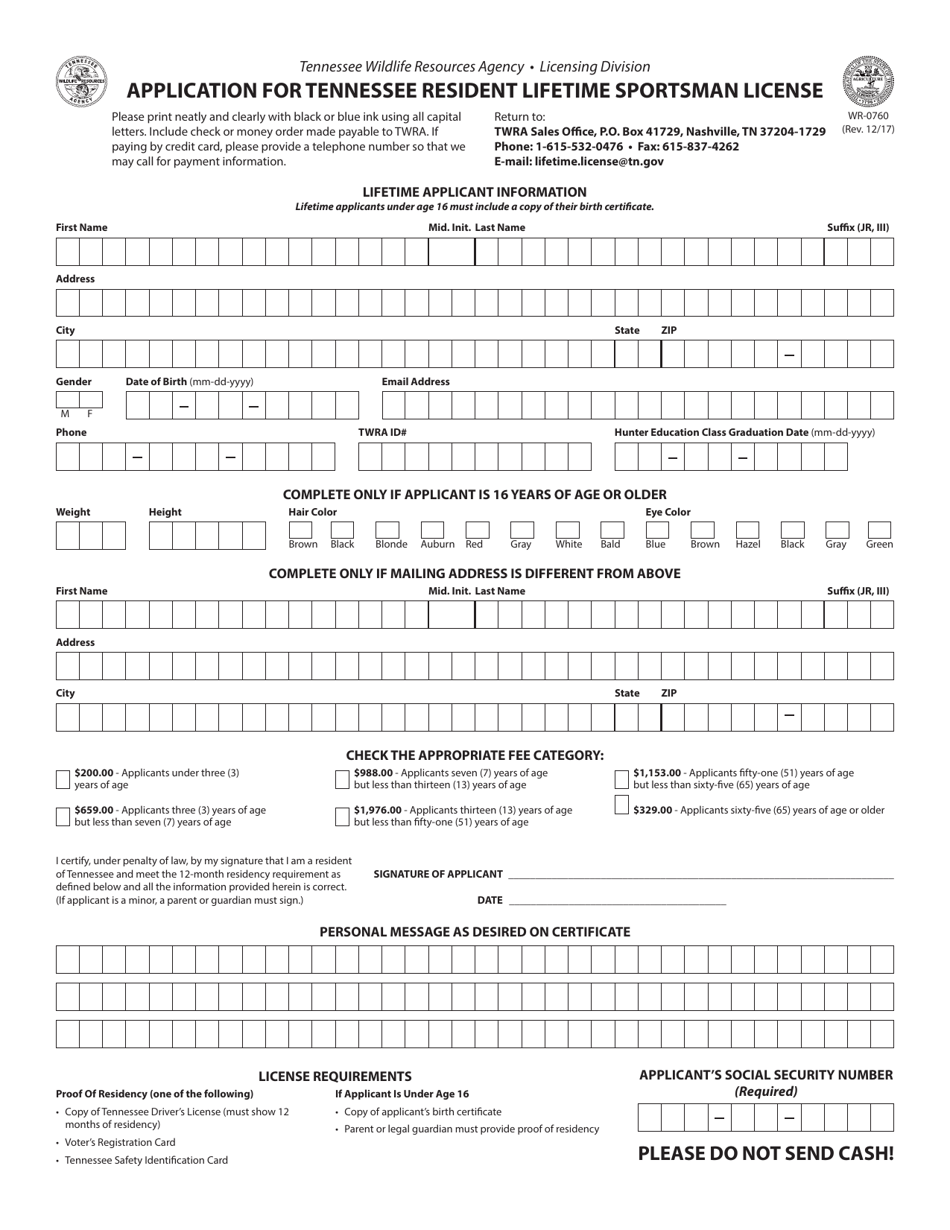 Form WR-0760 Application for Tennessee Resident Lifetime Sportsman License - Tennessee, Page 1