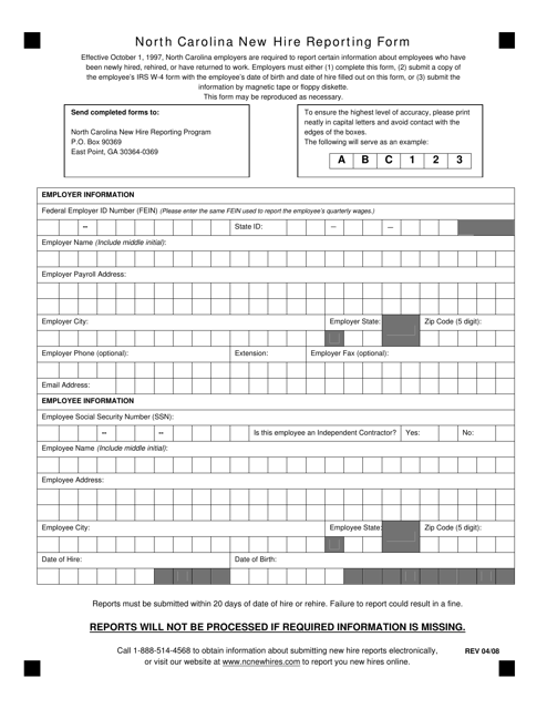 North Carolina New Hire Reporting Form - North Carolina Download Pdf