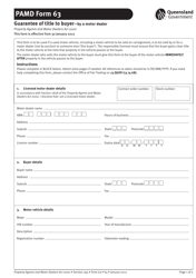 PAMD Form 63 &quot;Guarantee of Title to Buyer by a Motor Dealer&quot; - Queensland, Australia