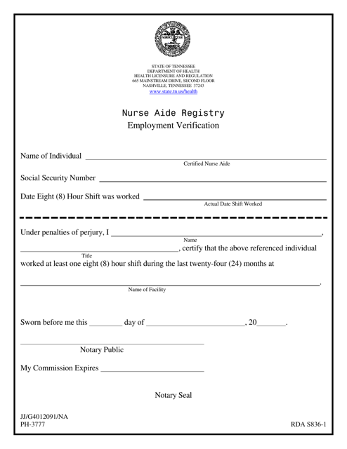 Form RDA S836-1 (PH-3777) Nurse Aide Registry Employment Verification - Tennessee