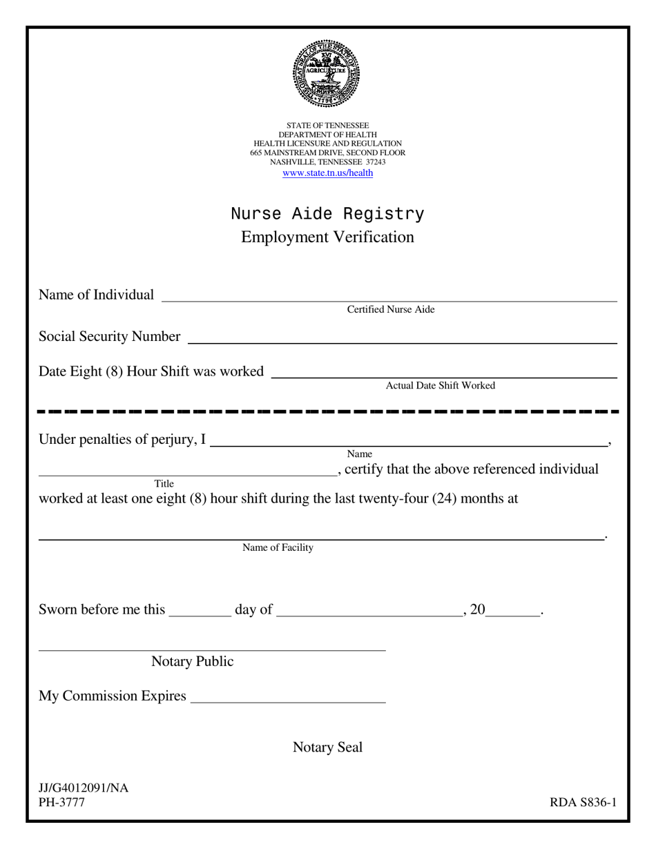 Form RDA S836-1 (PH-3777) Nurse Aide Registry Employment Verification - Tennessee, Page 1