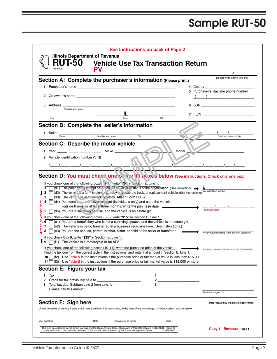 Sample Form RUT-50 Vehicle Use Tax Transaction Return - Illinois, Page 1