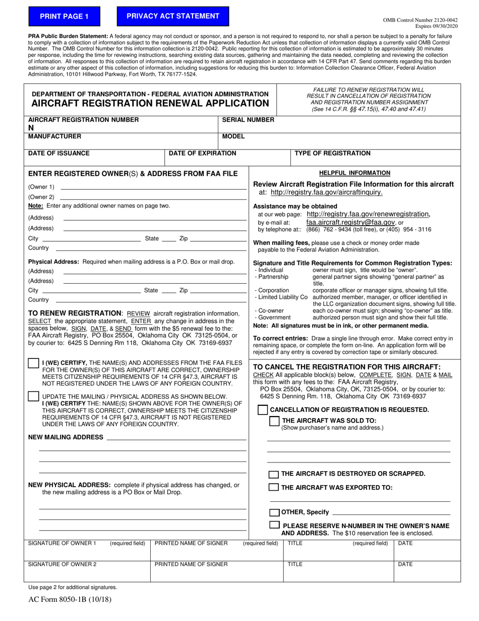 AC Form 8050-1B Aircraft Registration Renewal Application, Page 1