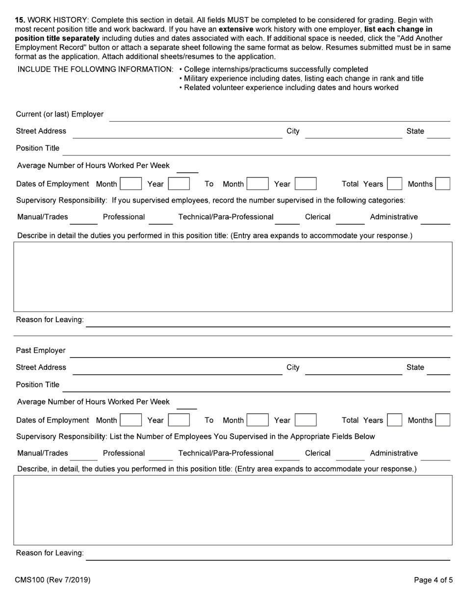 Form CMS100 Examining / Employment Application - Illinois, Page 4