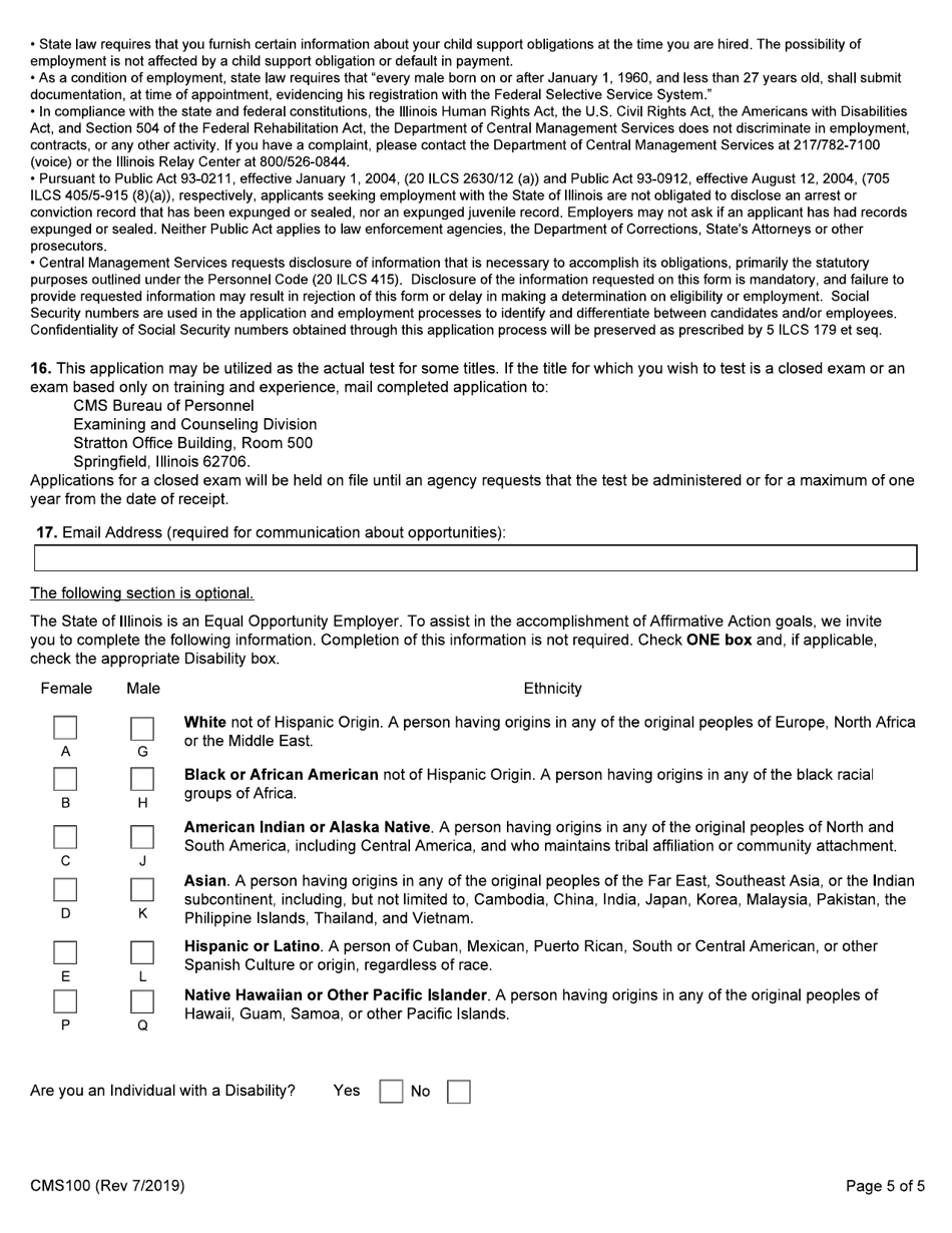 Form CMS100 Examining / Employment Application - Illinois, Page 5