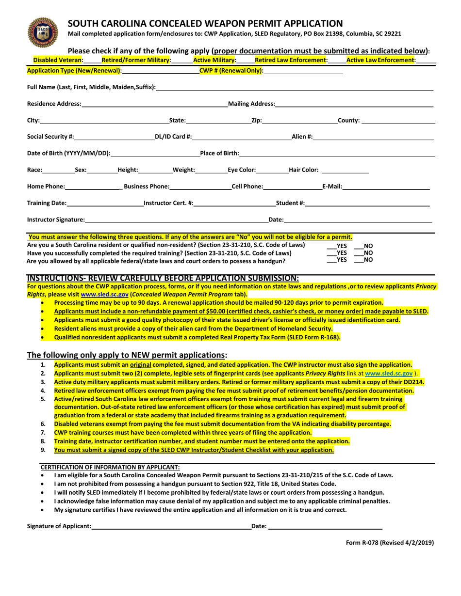 Form R-078 South Carolina Concealed Weapon Permit Application - South Carolina, Page 1