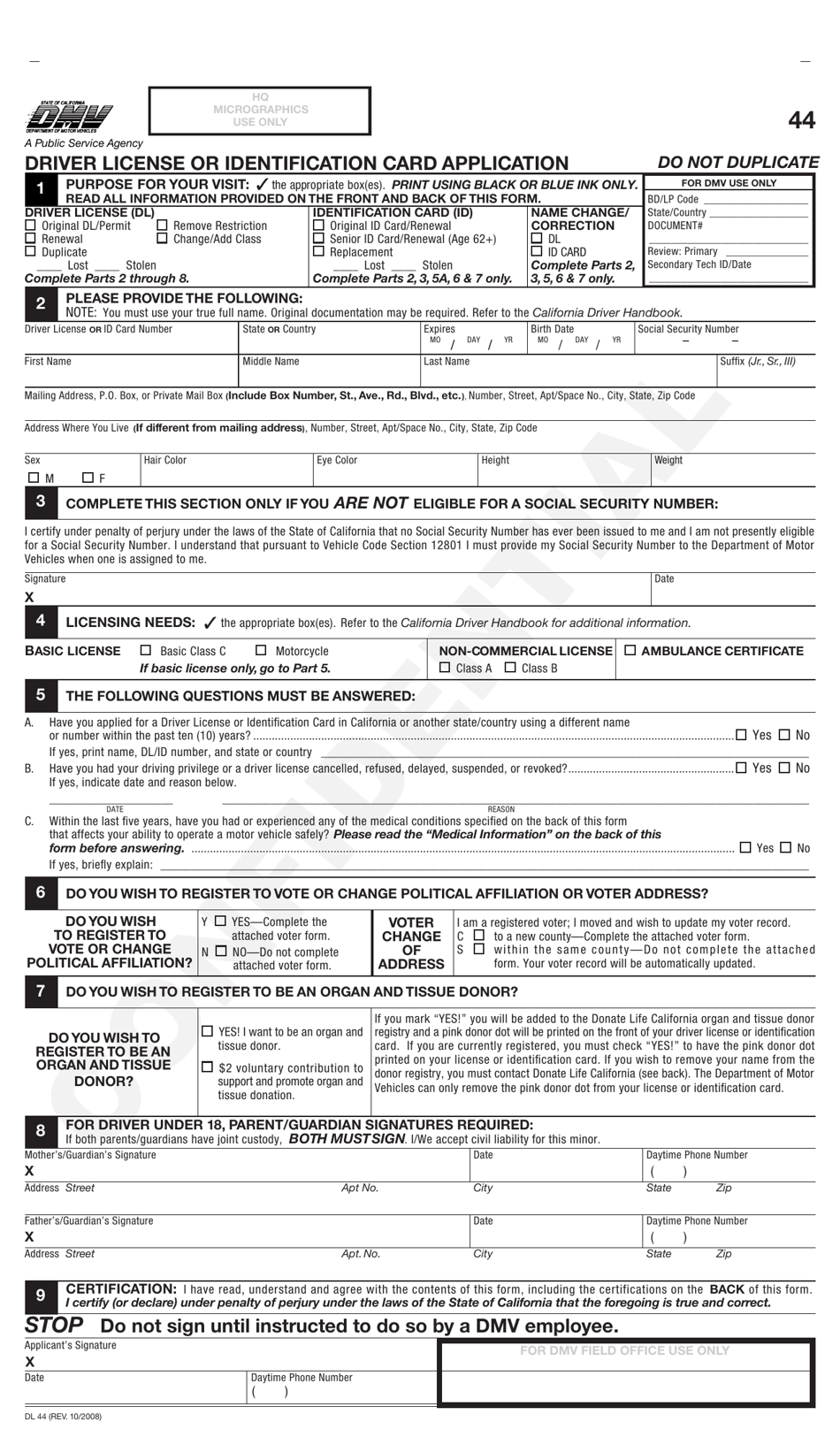 Form DL44 Driver License or Identification Card Application - California, Page 1