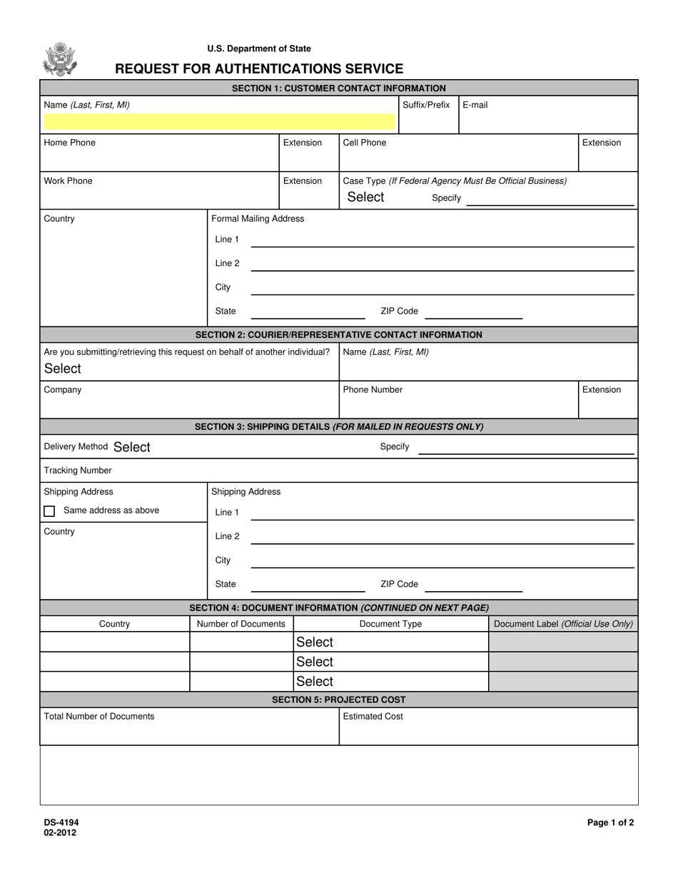 Form DS-4194 Request for Authentications Service, Page 1
