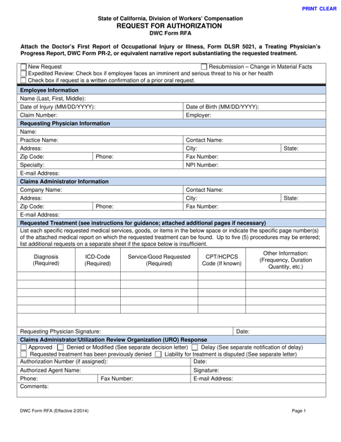 DWC Form RFA Request for Authorization - California