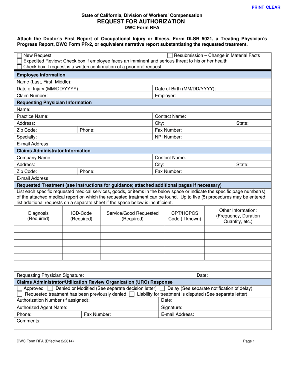 DWC Form RFA - Fill Out, Sign Online and Download Fillable PDF ...