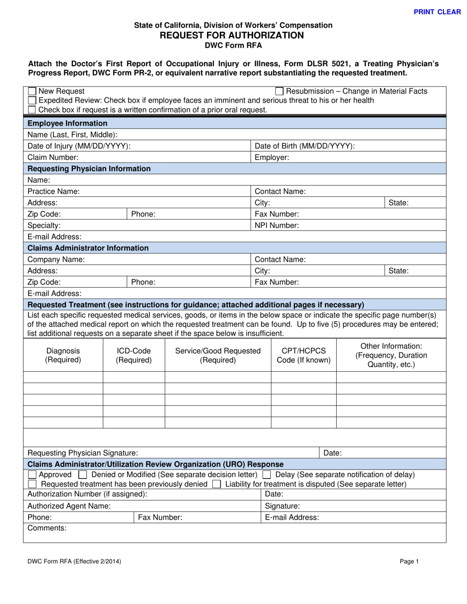 DWC Form RFA Request for Authorization - California, Page 1