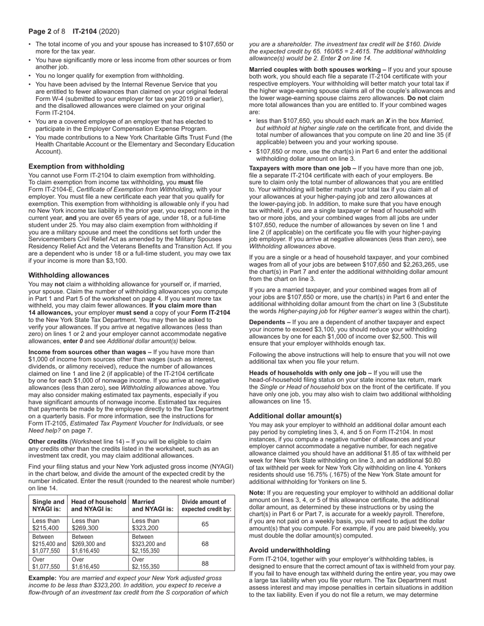Form IT-2104 Employees Withholding Allowance Certificate - New York, Page 2