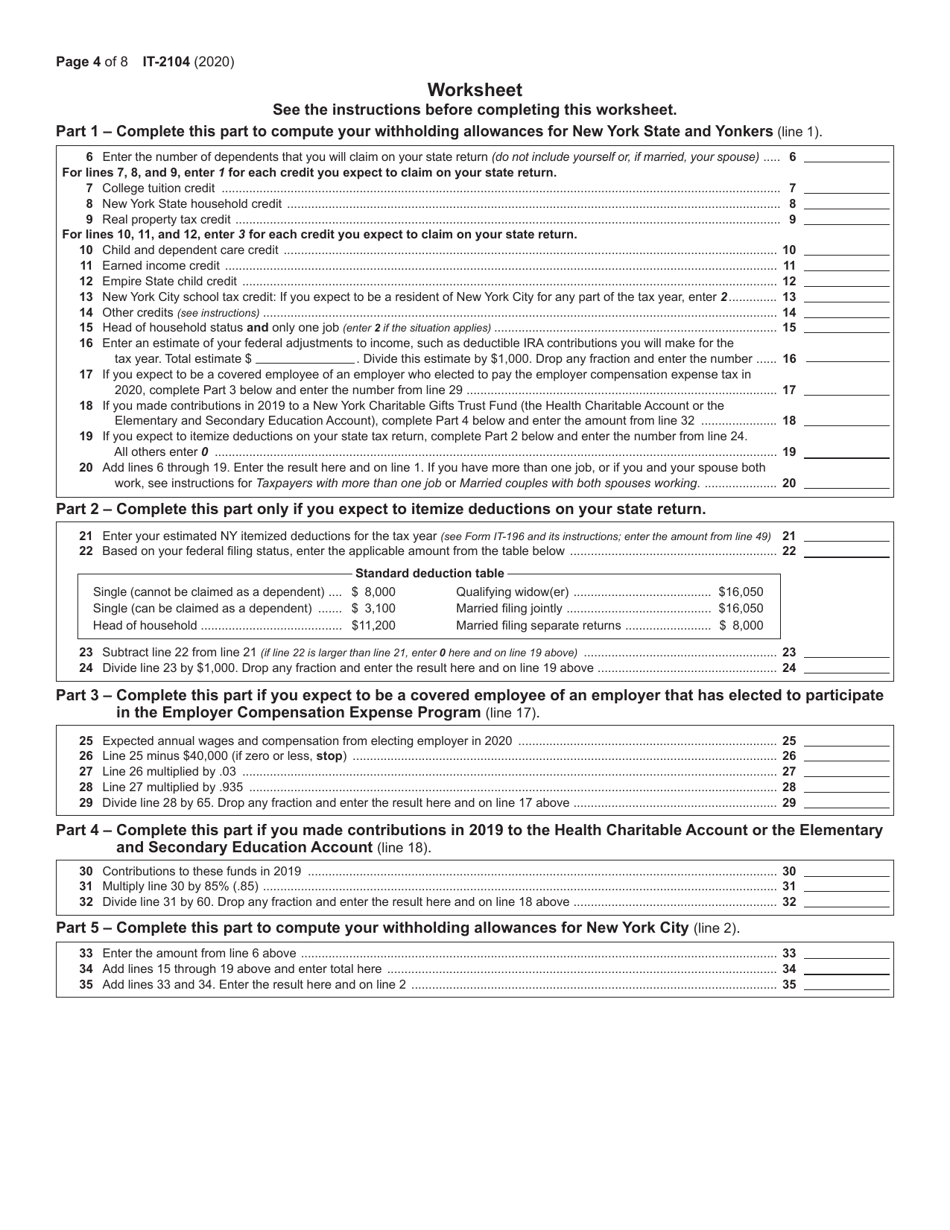 Form IT-2104 Employees Withholding Allowance Certificate - New York, Page 4