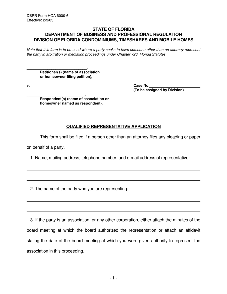 DBPR Form HOA6000-6 Qualified Representative Application - Florida, Page 1