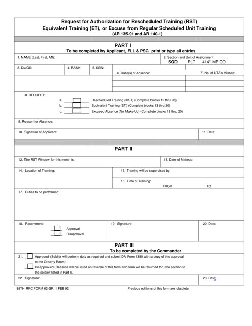 89TH RRC Form 62-3R  Printable Pdf