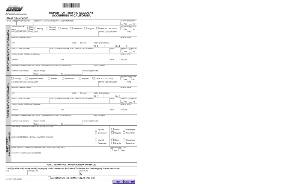 Form SR23 Download Fillable PDF or Fill Online Report of Traffic Throughout Vehicle Accident Report Template