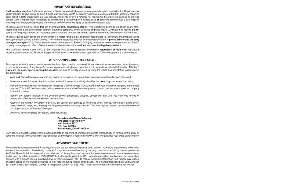 Form SR1 Report of Traffic Accident Occurring in California - California, Page 3