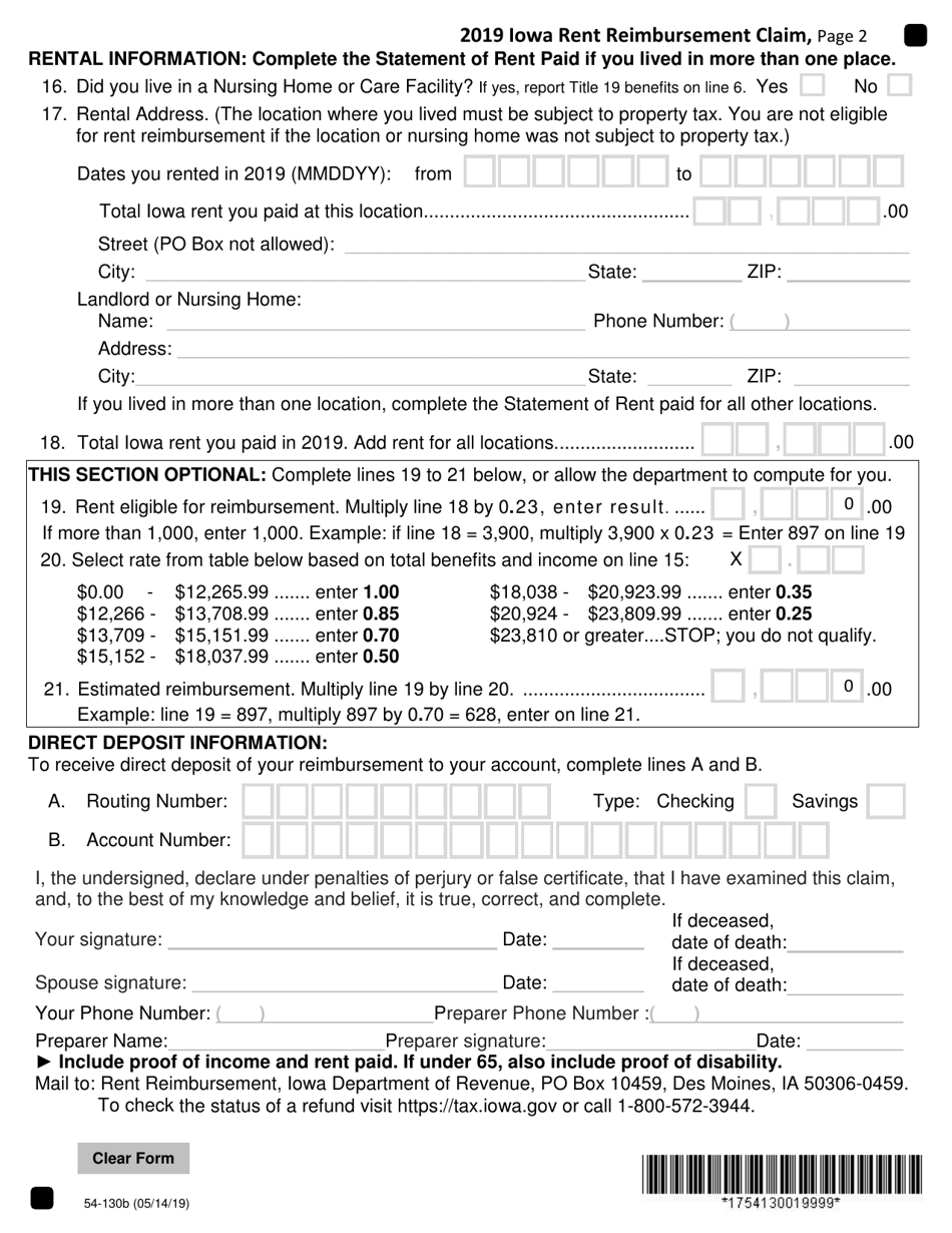 Form 54130 Download Fillable PDF or Fill Online Iowa Rent