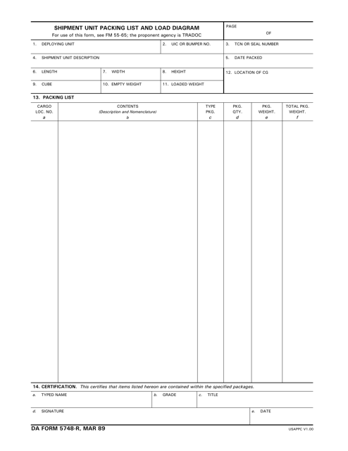 DA Form 5748-R Shipment Unit Packing List and Load Diagram