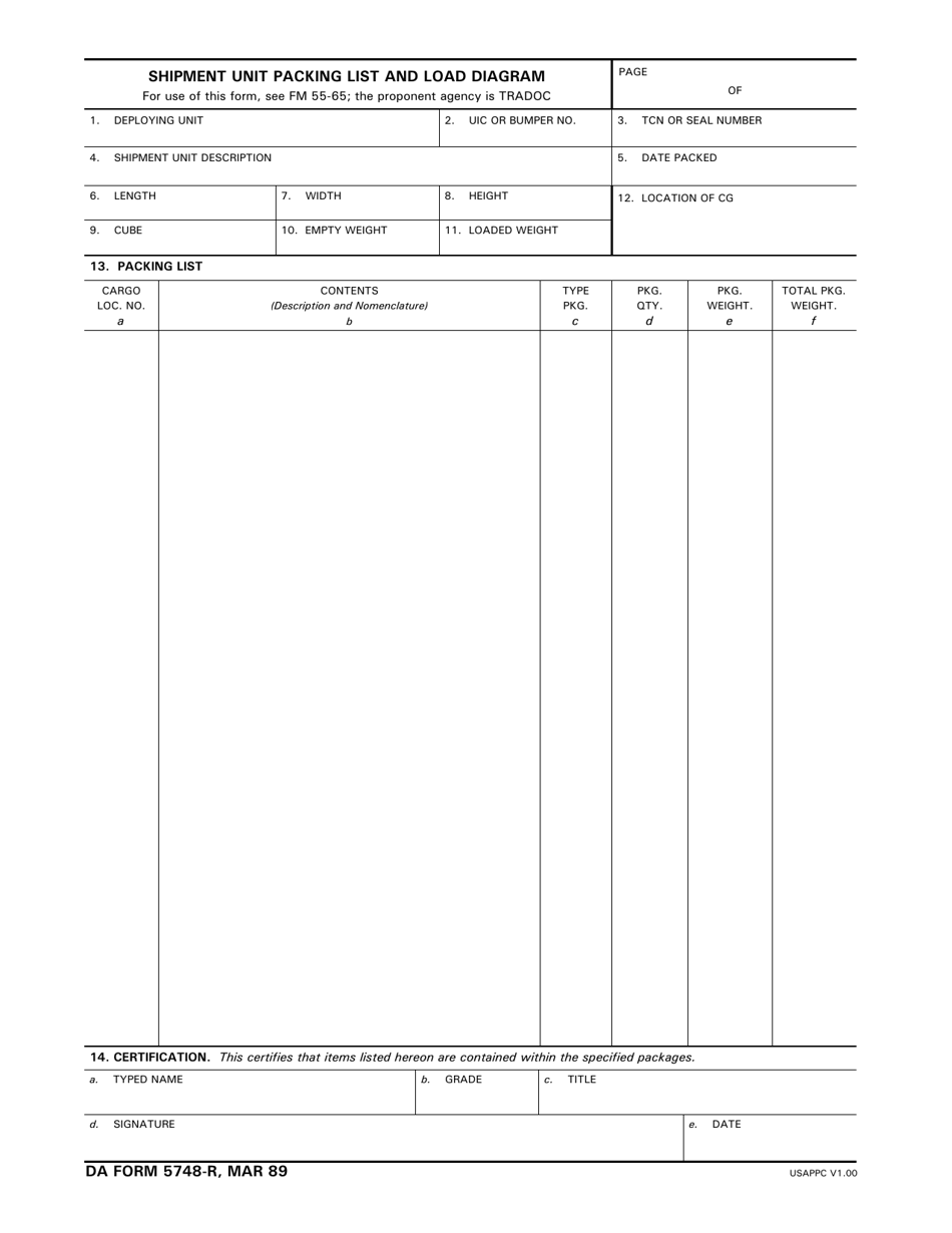 DA Form 5748-R Shipment Unit Packing List and Load Diagram, Page 1