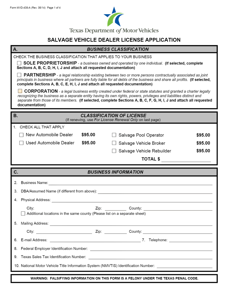 Form MVD-438-A Salvage Vehicle Dealer License Application - Texas, Page 1
