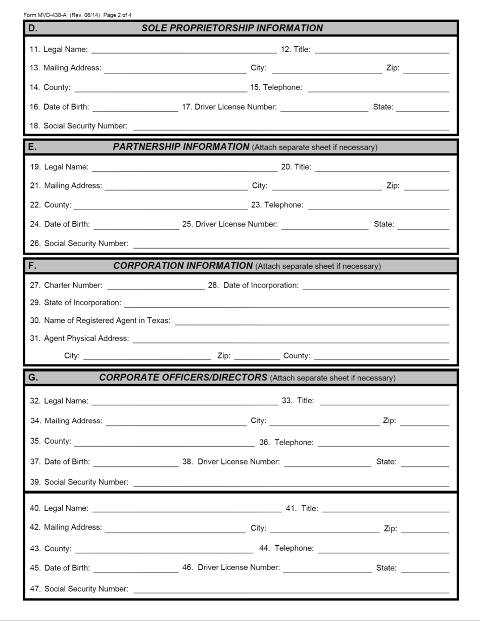 Form MVD-438-A Salvage Vehicle Dealer License Application - Texas, Page 2