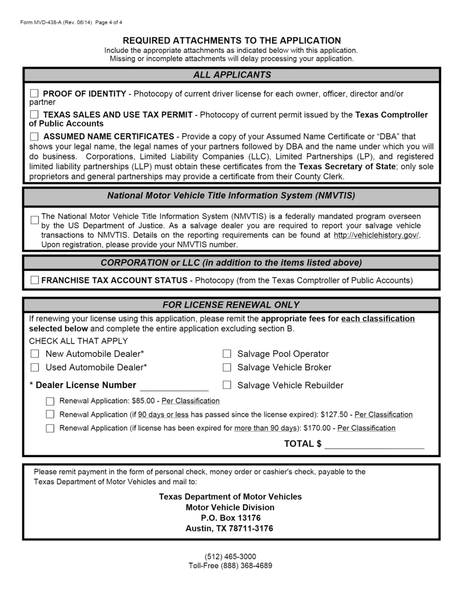 Form MVD-438-A Salvage Vehicle Dealer License Application - Texas, Page 4