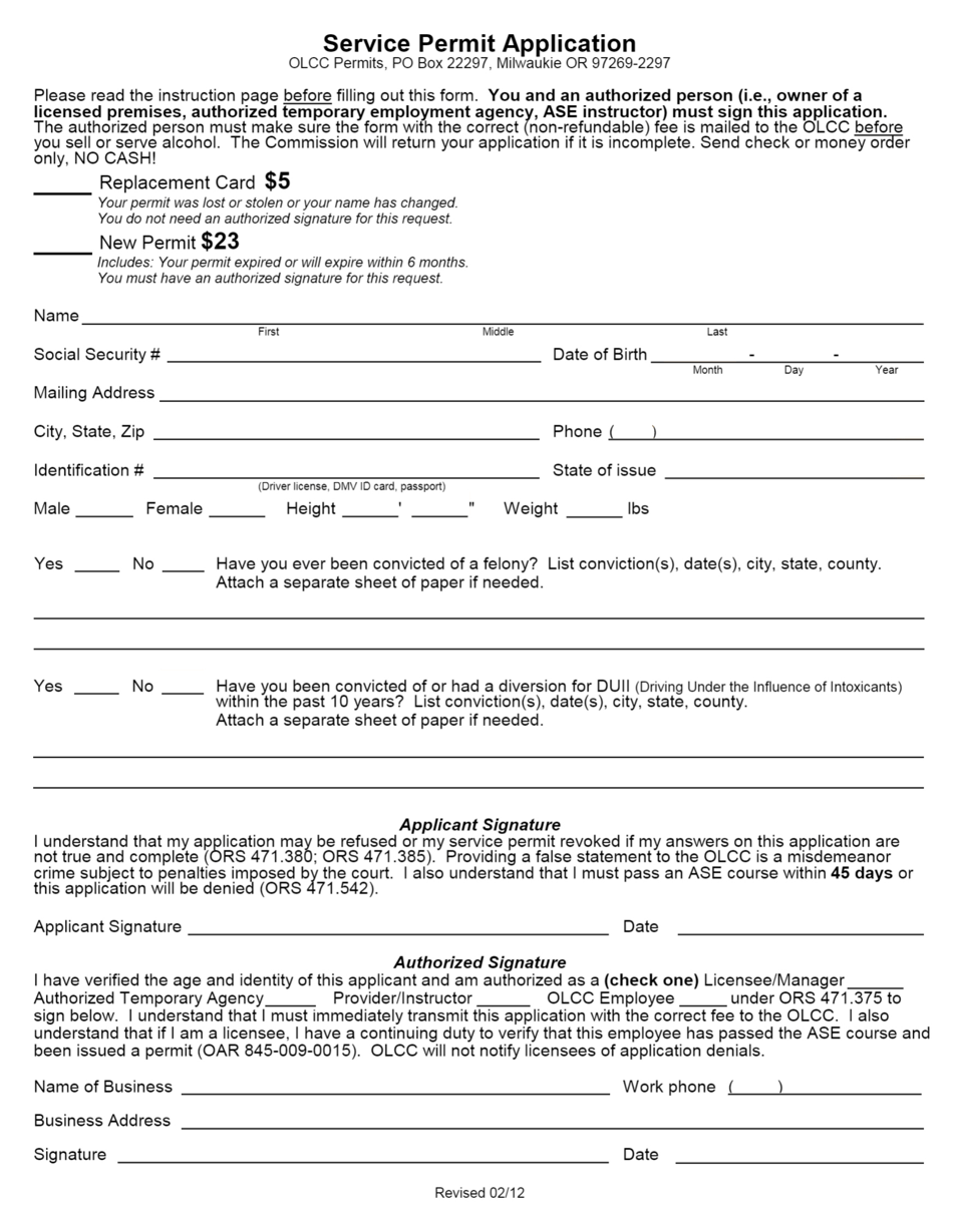 Olcc Service Permit Application - Oregon, Page 1