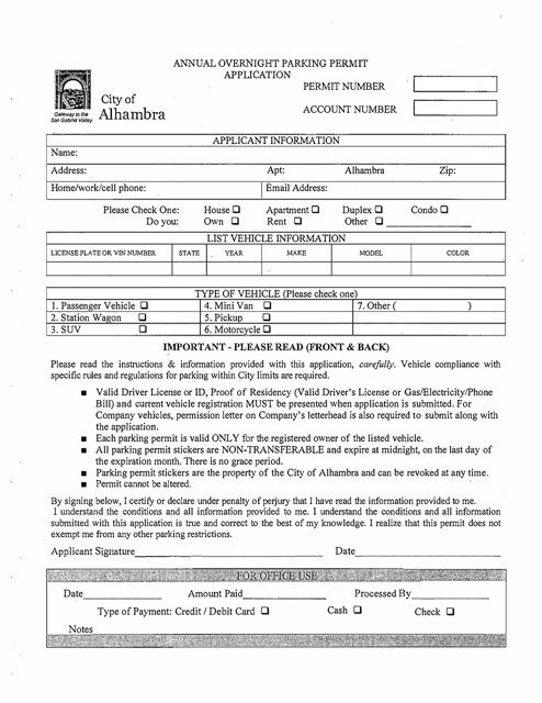Annual Overnight Parking Permit Application - City of Alhambra, California Download Pdf