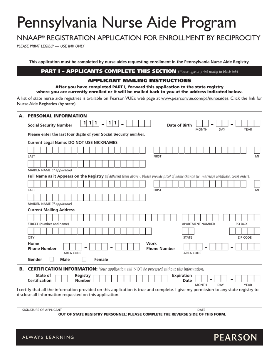 Pennsylvania Nurse Aide Program Nnaap Registration Application for Reciprocity Image Preview