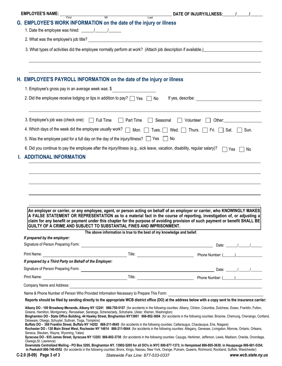 Form C-2 Employers Report of Work-Related Injury / Illness - New York, Page 3