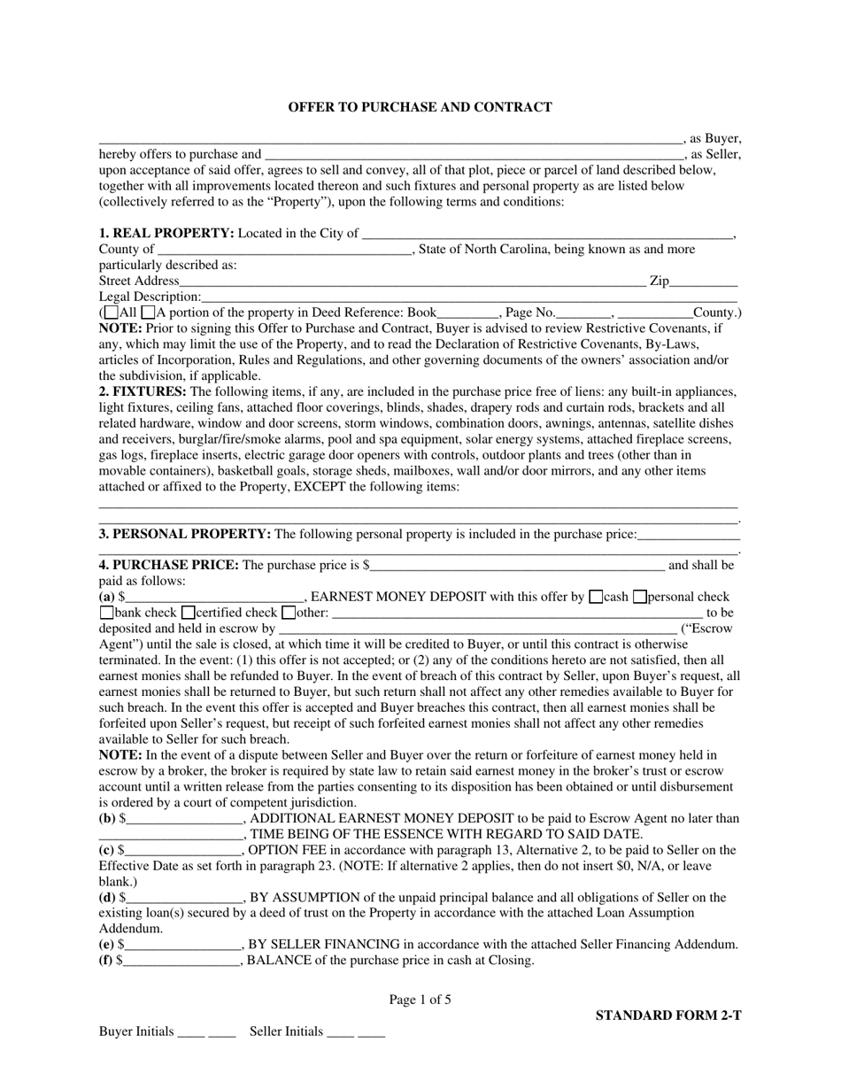 Real Estate Offer to Purchase and Contract (Standard Form 2-t) - North Carolina, Page 1