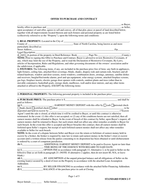 Real Estate Offer to Purchase and Contract (Standard Form 2-t) - North Carolina Download Pdf