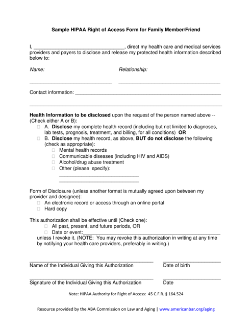HIPAA Right of Access Form for Family Member/Friend