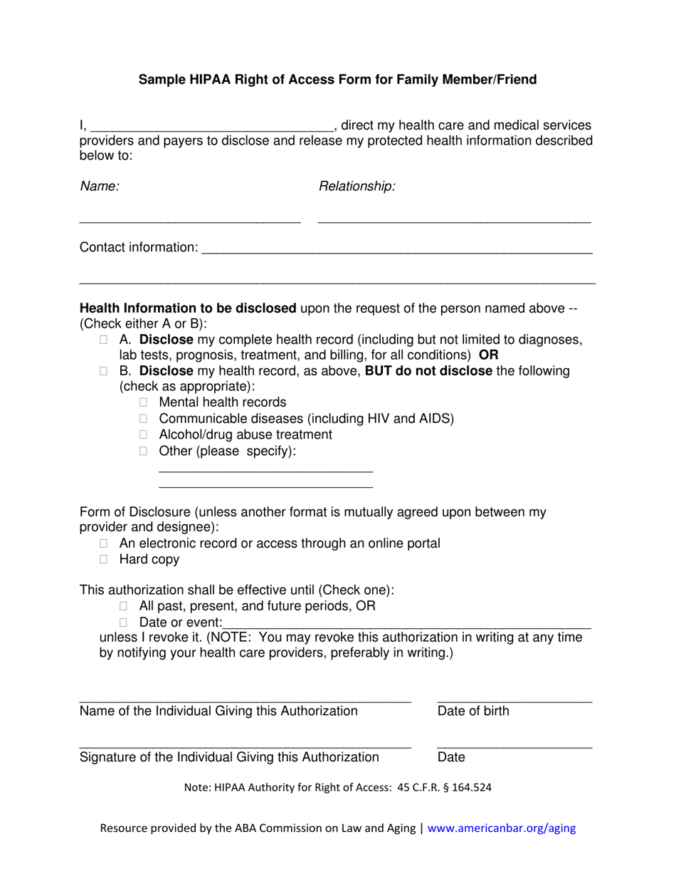 HIPAA Right of Access Form for Family Member / Friend, Page 1