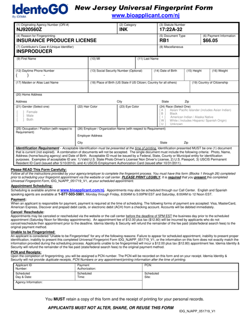 Sample New Jersey Universal Fingerprint Form - New Jersey Download Pdf