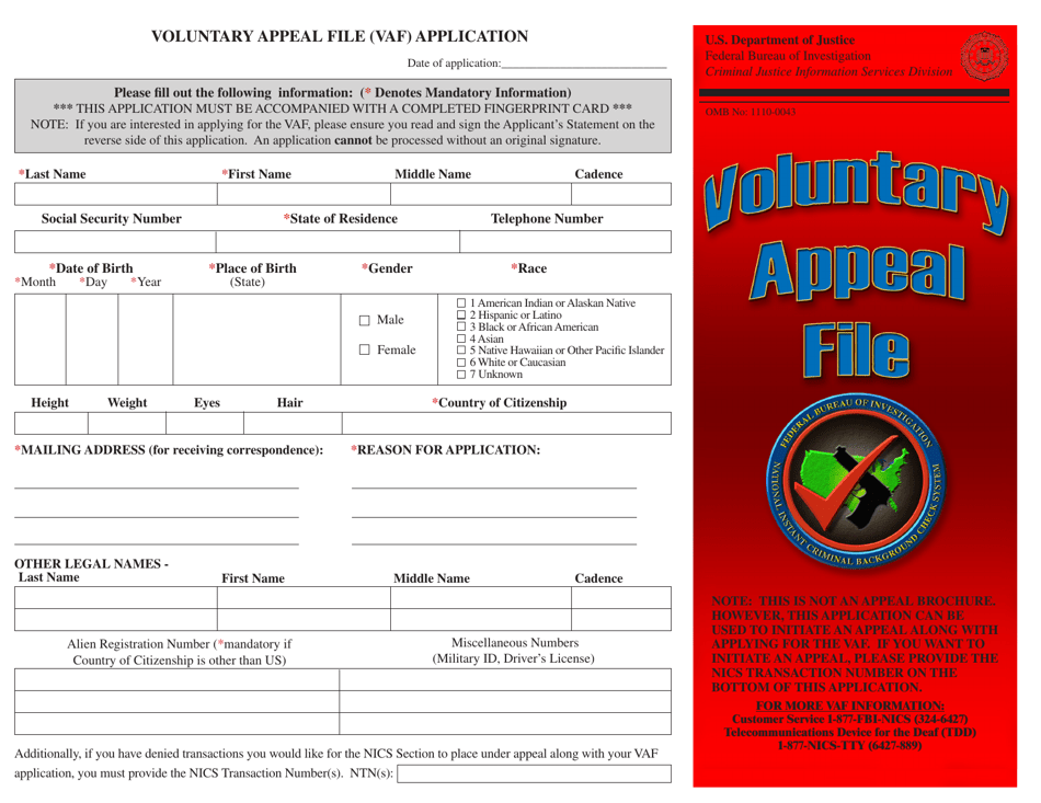 Voluntary Appeal File (Vaf) Application, Page 1