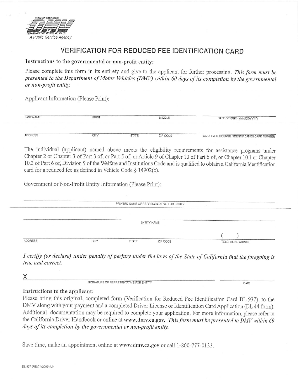 Form DL937 Verification for Reduced Fee Identification Card - California, Page 1