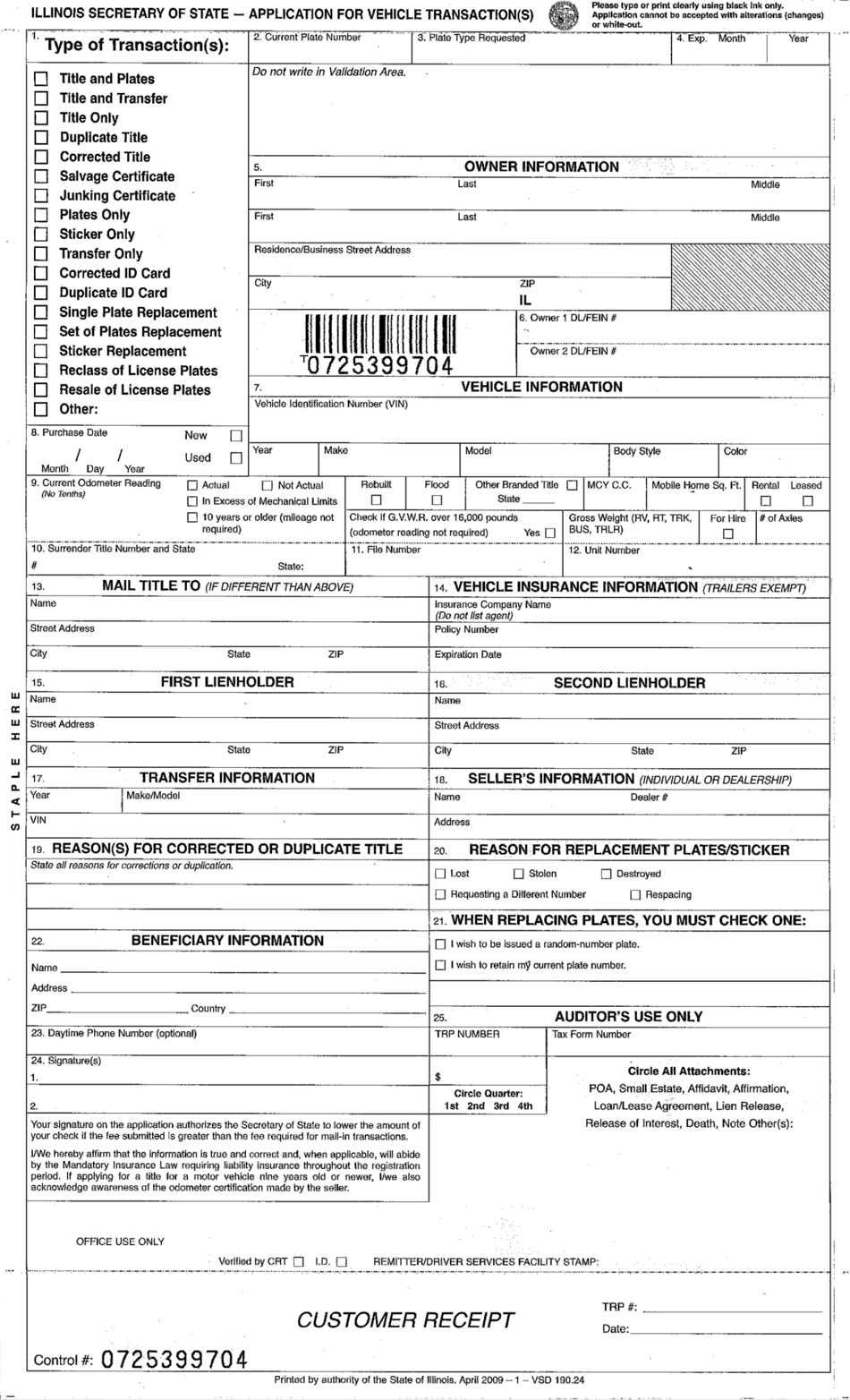 Form VSD190.24 Application for Vehicle Transaction(S) - Illinois, Page 1