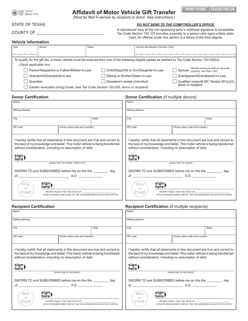 Form 14-317 Affidavit of Motor Vehicle Gift Transfer - Texas